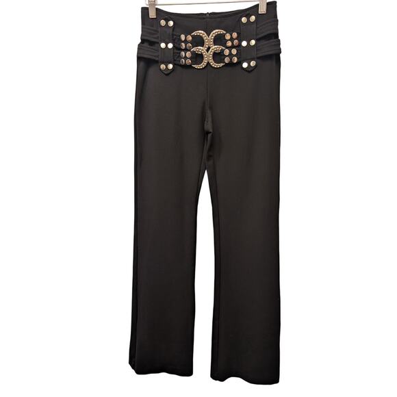 The Kript Knox Pants Black Stretch Ponte Silver Hardware Belt Flare Leg Goth Y2K - Picture 1 of 6